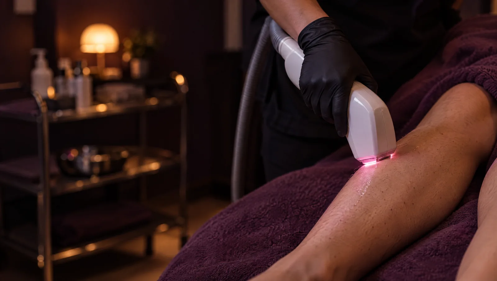 Gloved hand moving a laser hair removal handpiece along a lower leg