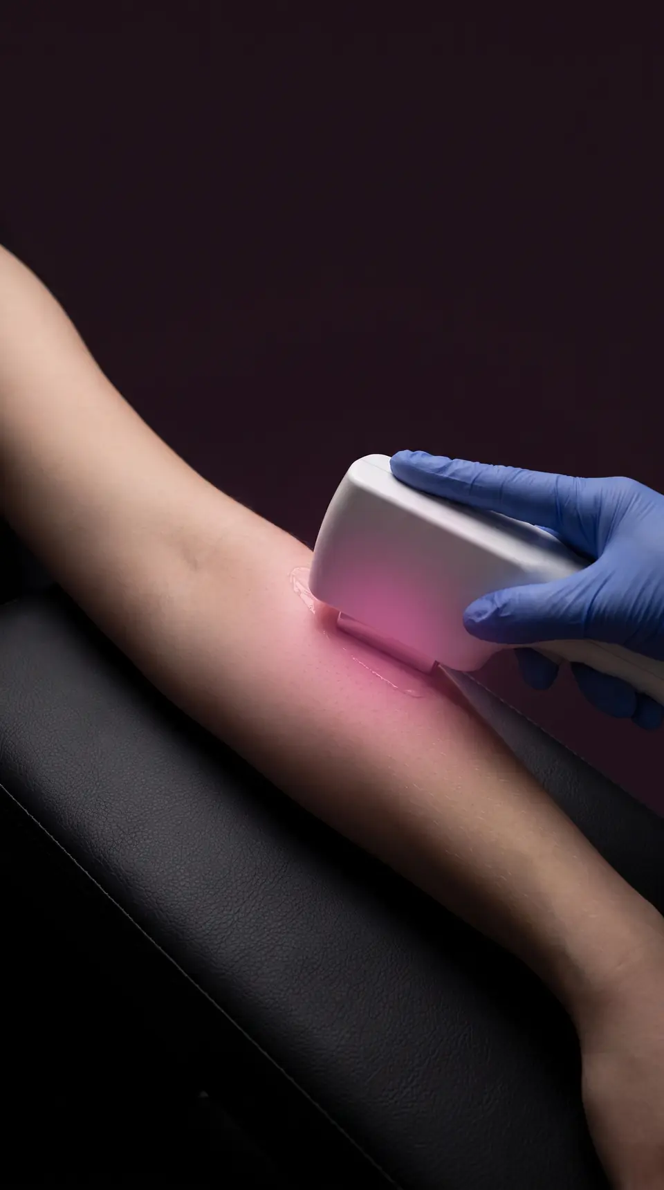 Laser handpiece on a forearm resting on a black treatment pad