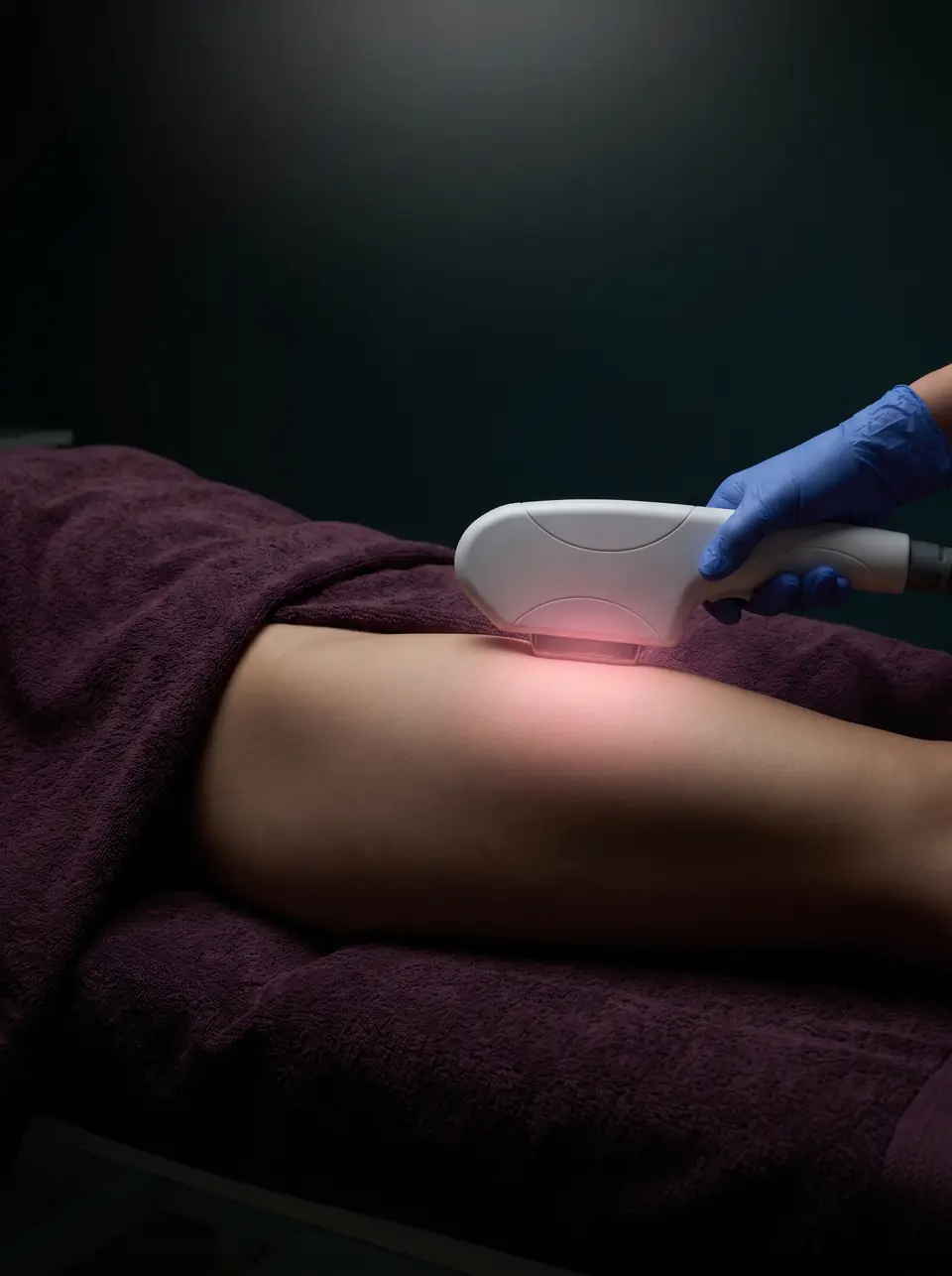 Woman on her side under a plum towel, laser handpiece on the outer hip