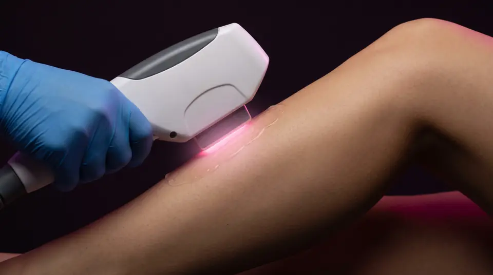 Gloved hand pressing a laser handpiece on a shin below the knee