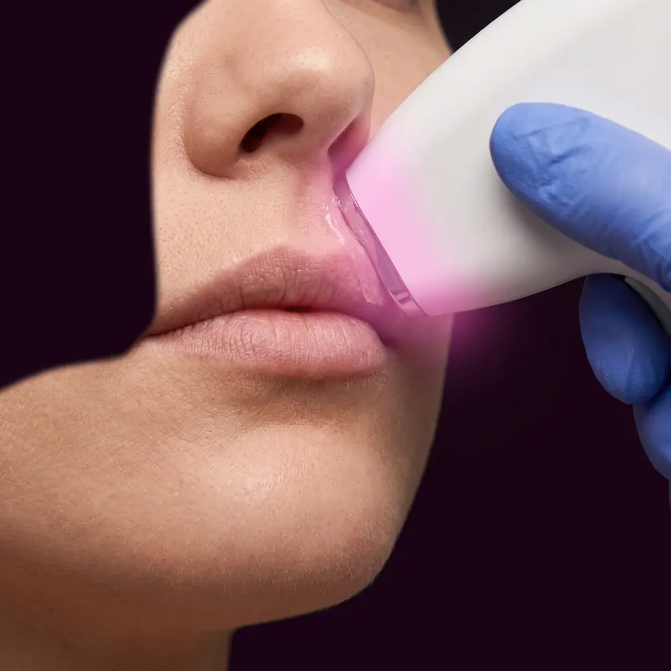 A small laser handpiece on the skin above the upper lip