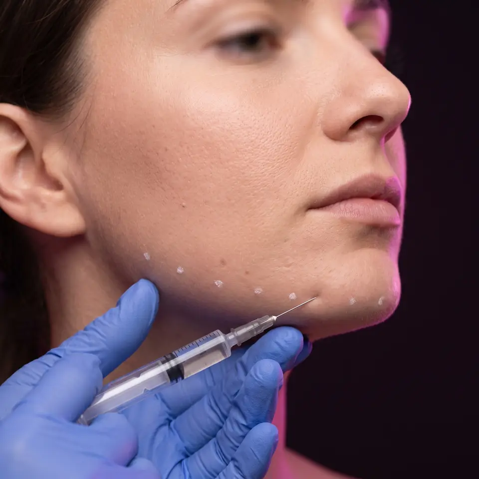A gloved hand holds a fine syringe near the jaw while white pencil dots mark the skin