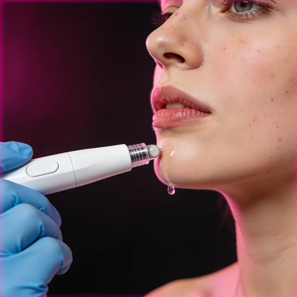 A gloved hand holds a microneedling pen tip against the chin, a sheen of serum on the skin